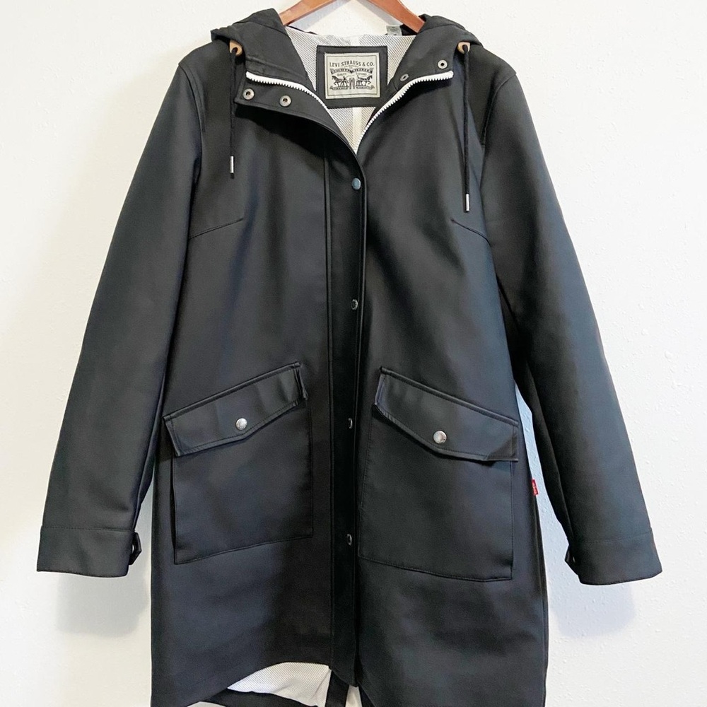 Levi's Rubberized Water Resistant Black Faux Leather Parka Rain Jacket - Picture 4 of 8
